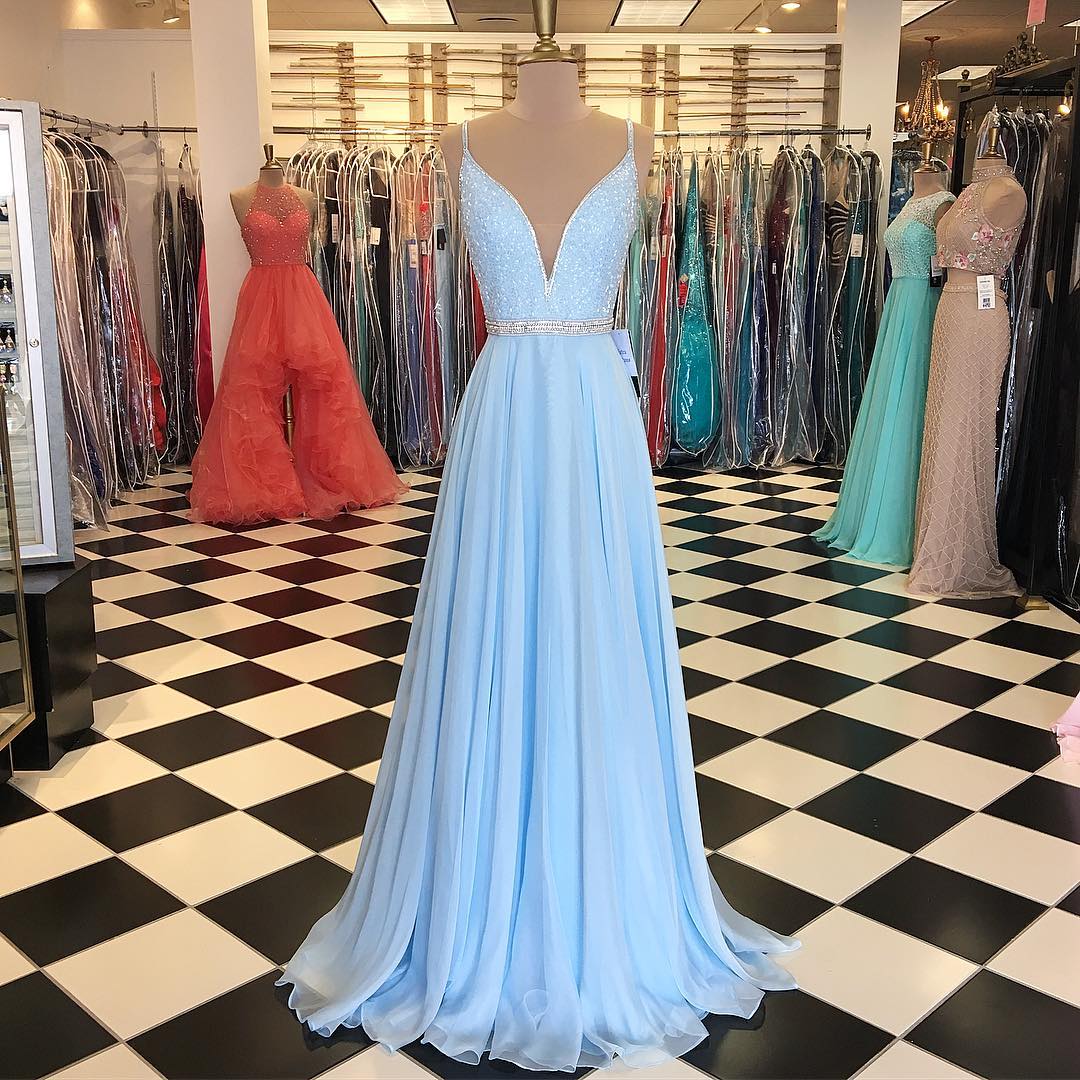 Baby Blue Prom Dress,chiffon Prom Dress, Long Evening Gowns,beading Dress,sexy Prom Dresses 2017
