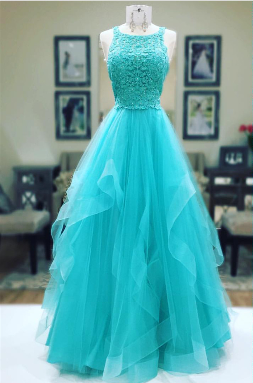 Turquoise Prom Dress,ball Gowns Prom Dress,elegant Prom Dress,lace Appliques Prom Gowns 2017