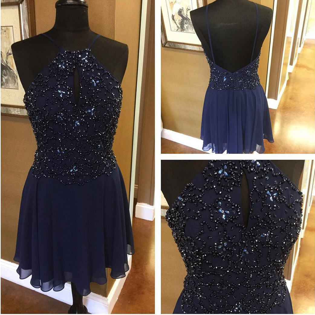 Navy Blue Homecoming Dresses,beaded Prom Dress,short Prom Dresses 2017,chiffon Prom Dress,beaded Party Dress