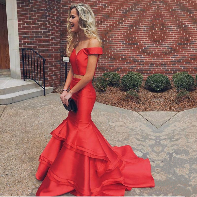 Two Piece Prom Dress,mermaid Evening Gowns,orange Red Prom Dress,sexy Long Formal Dresses,ruffles Prom Gowns