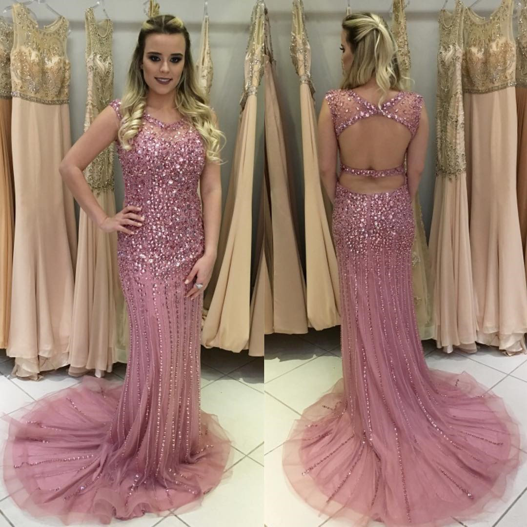 Pink Prom Gowns,mermaid Prom Dress,crystal Beaded Evening Dress,sexy Open Back Dress,prom Dresses 2017