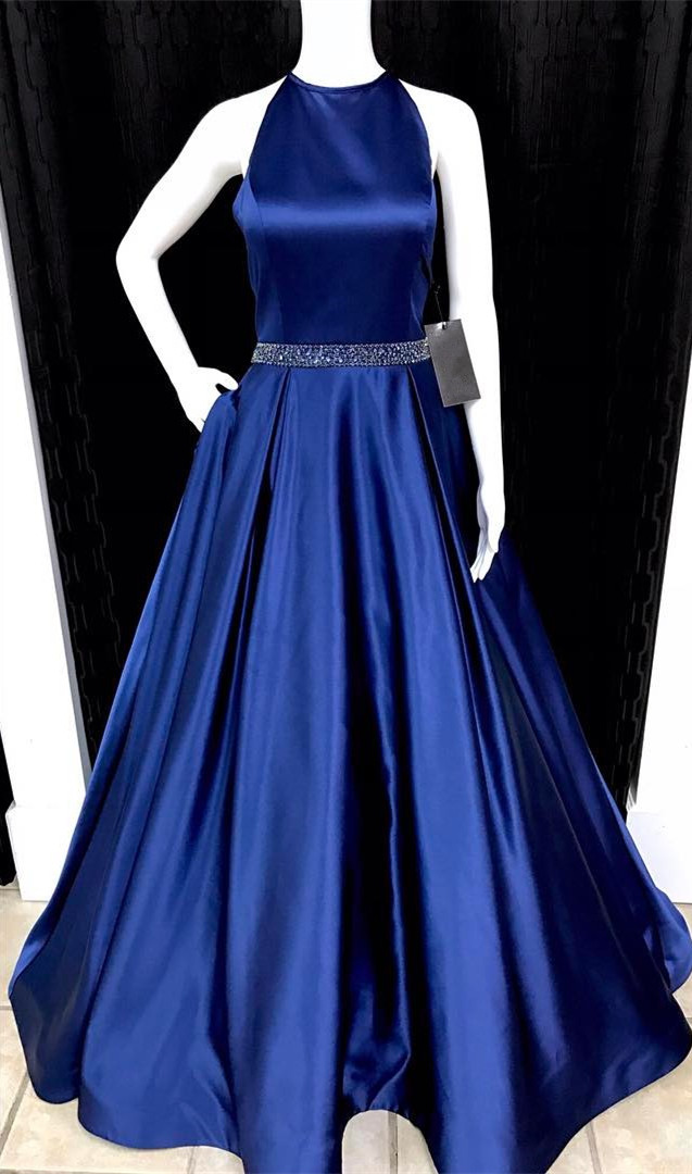 Navy Blue Prom Dress,ball Gowns Prom Dress,satin Prom Dress,halter Evening Dress,open Back Dresses