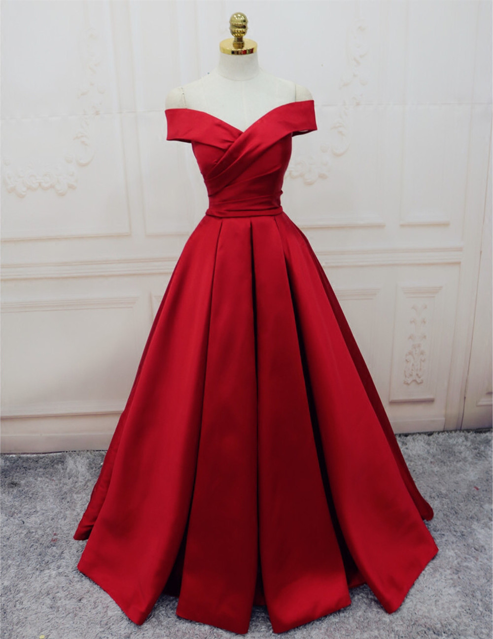 red satin off shoulder dress