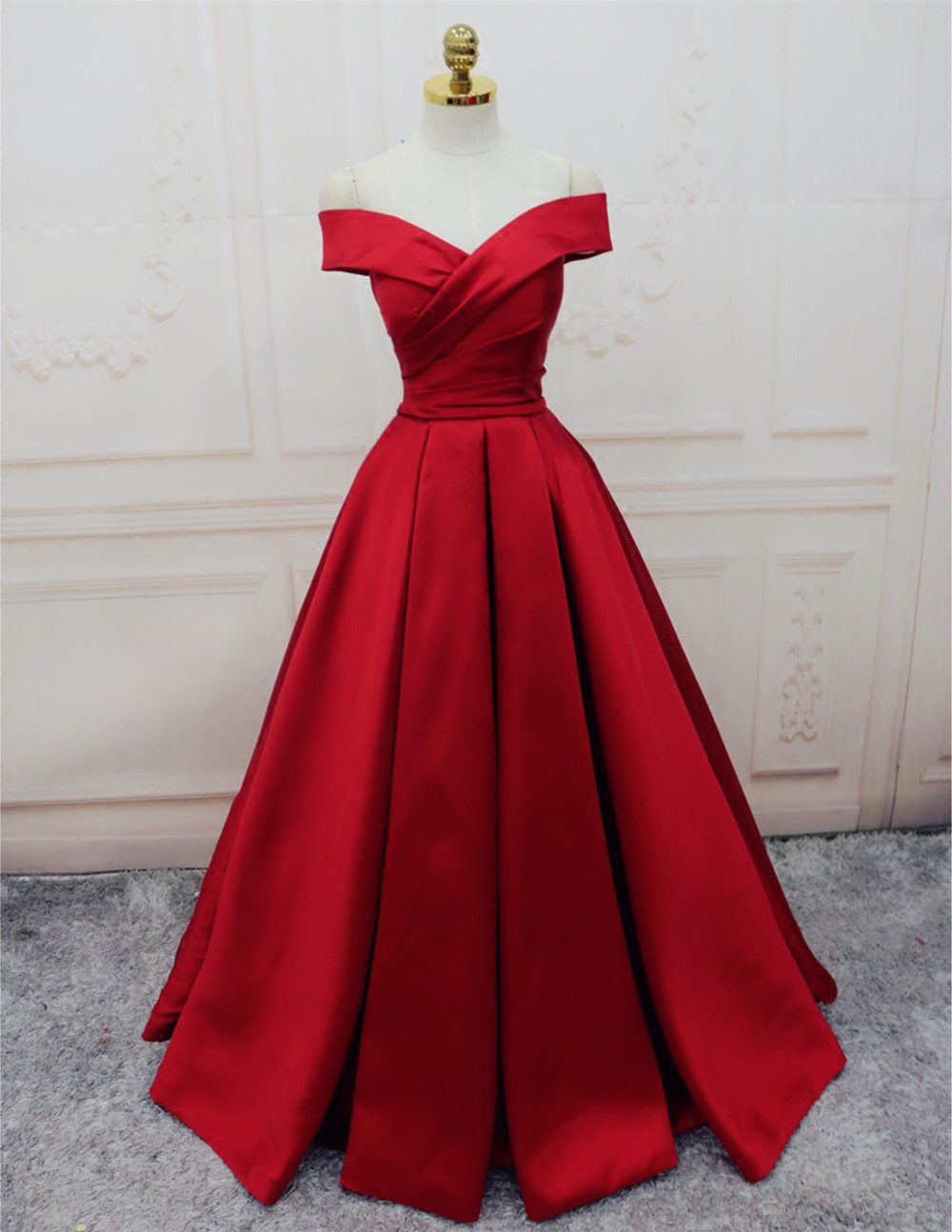 red satin ball gown dress