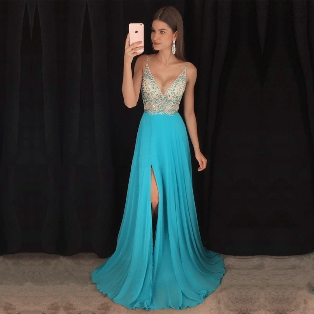 Beaded Embellished Plunge V Sleeveless Floor Length Chiffon A-line Prom Dress Featuring Slit And Sweep Train, Evening Dress