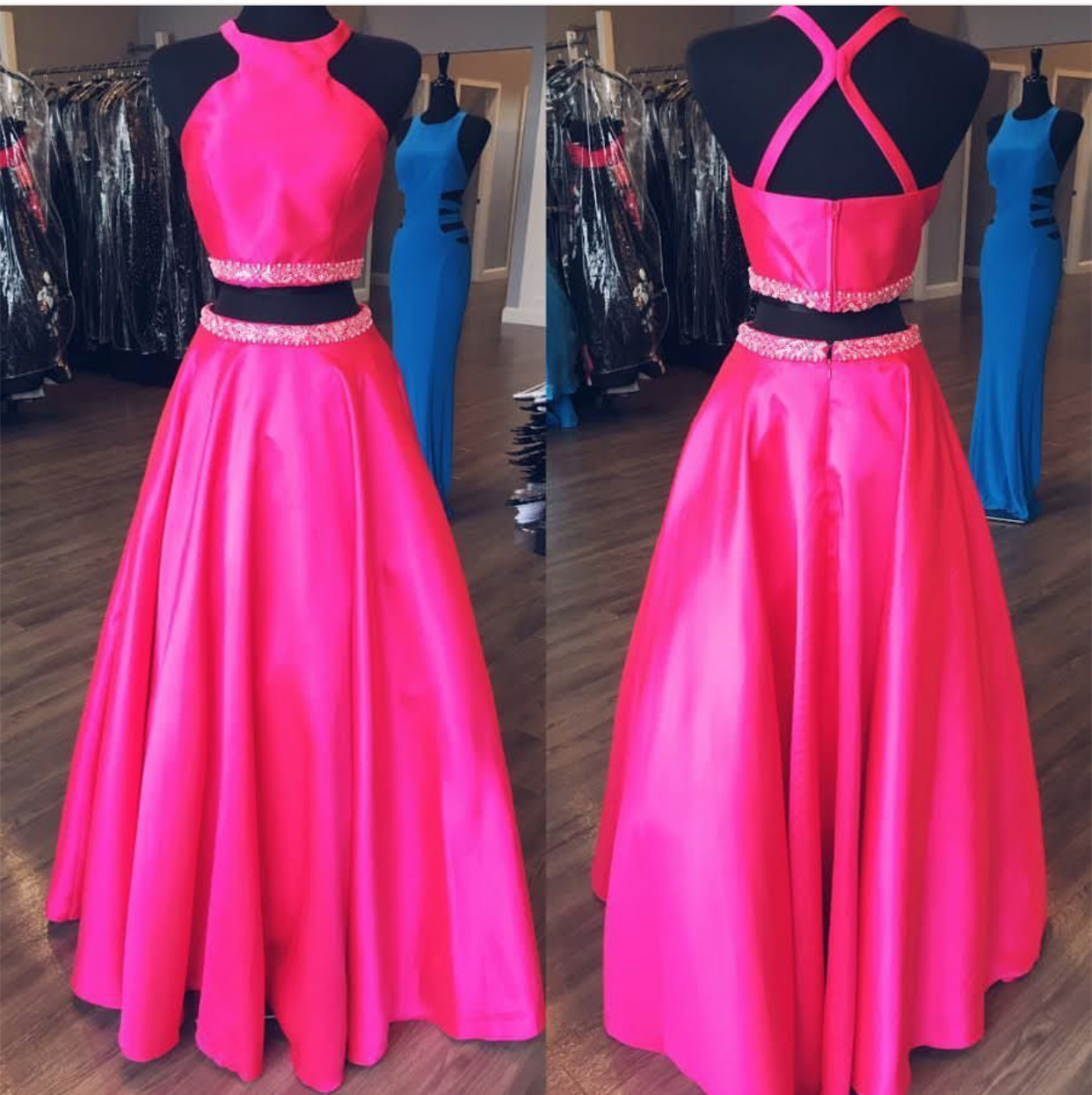 Pink Ball Gowns,halter Prom Dress,ball Gowns Prom Dress,two Piece Prom Dresses