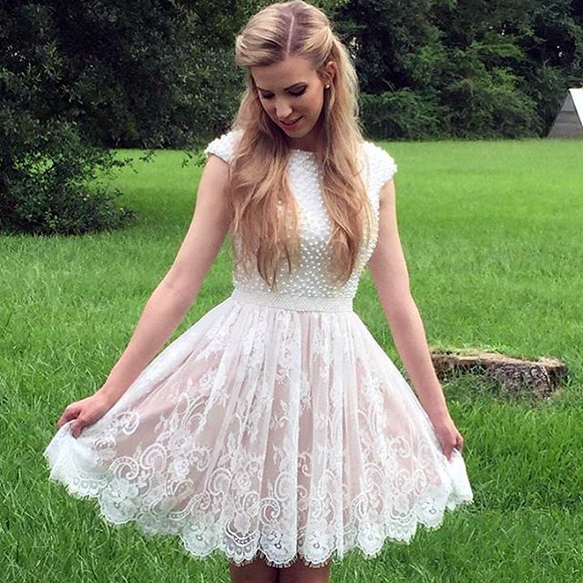 White Pearl Beaded Lace Homecoming Dresses Short Prom Party Dresses
