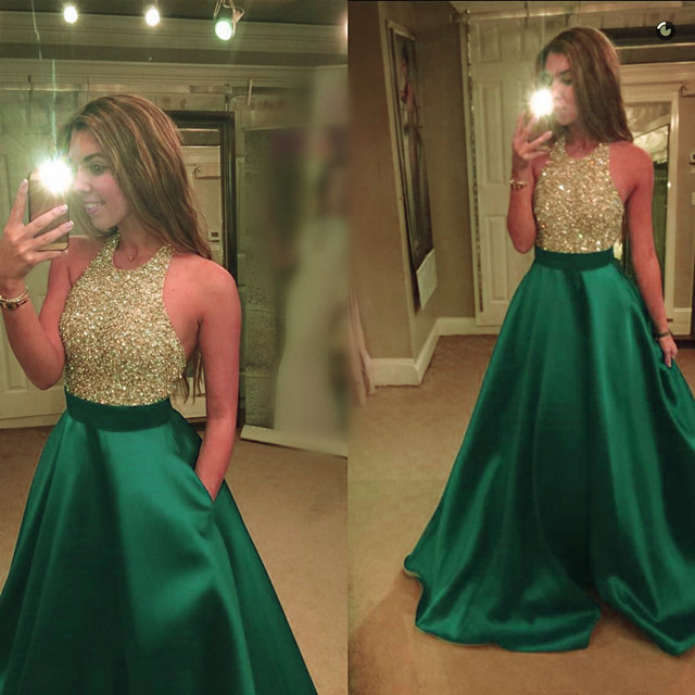 Emerald Green Two Piece Satin Crop Top Ball Gown Prom Dress