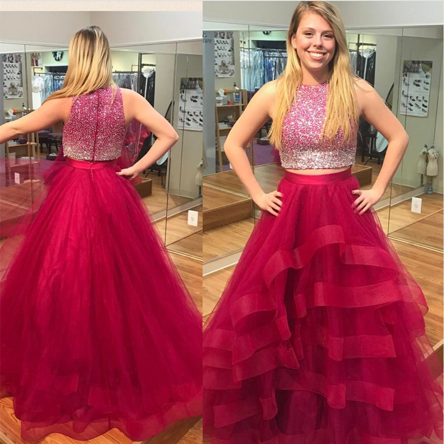 Two Piece Prom Dress,ball Gowns Prom Dress,ombre Prom Dress,ruffles Dress,beaded Prom Dress