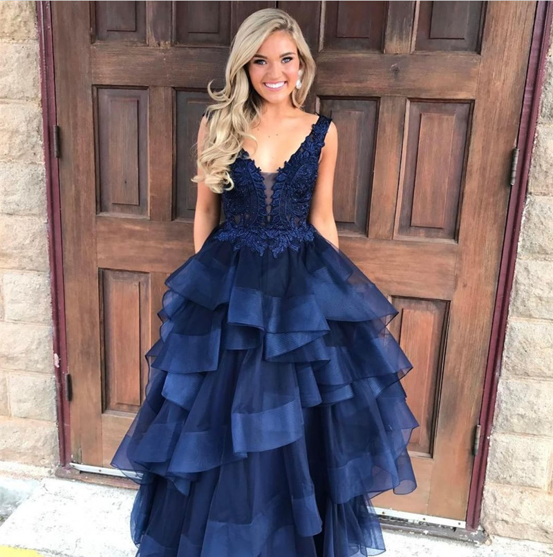 Navy Blue Lace Appliques Plunge V Sleeveless Floor Length Tulle Ruffled Ball Gown, Prom Gown