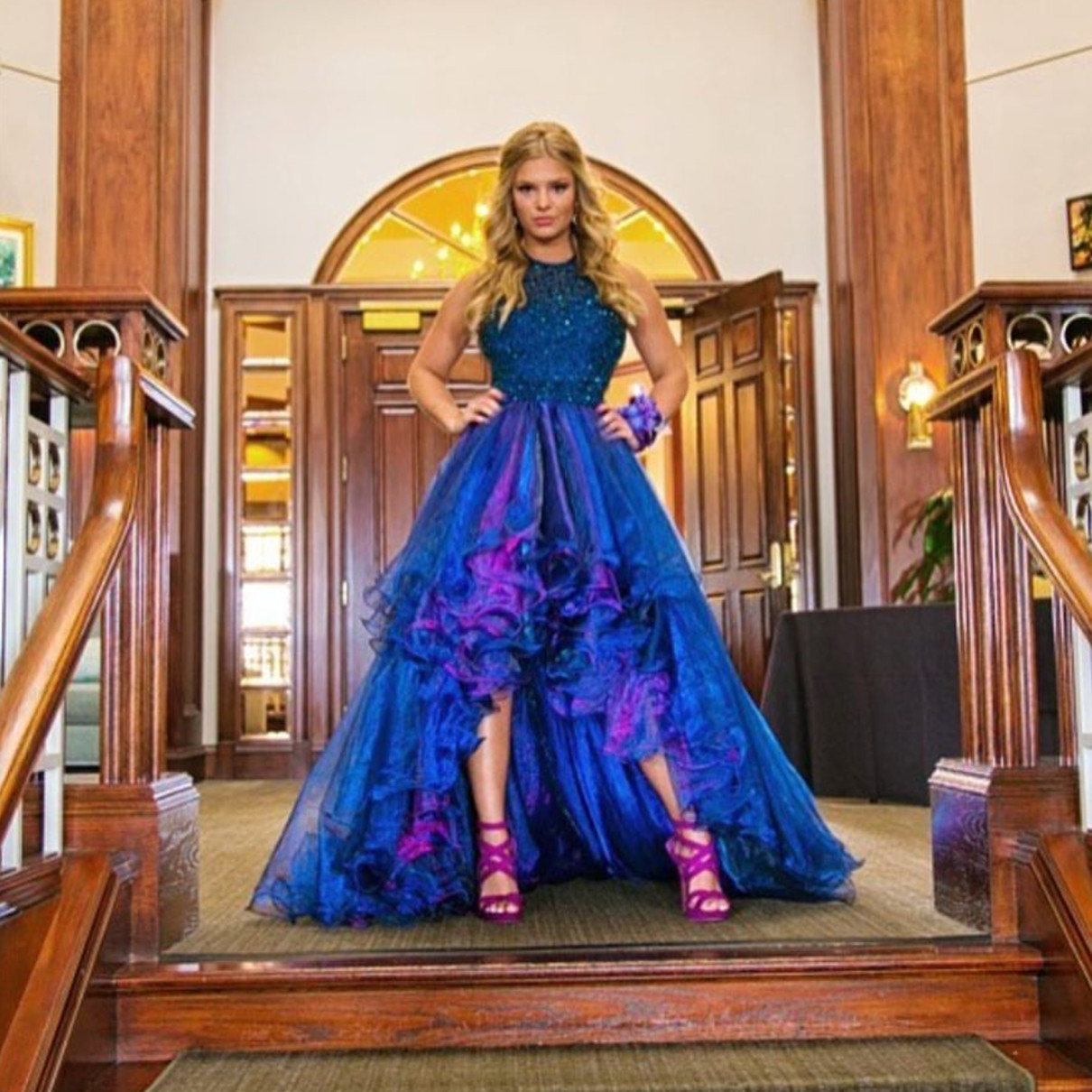 open lace back dress Royal Blue Chiffon Sweetheart Ruffle Tiered Long Prom Dress – Modsele