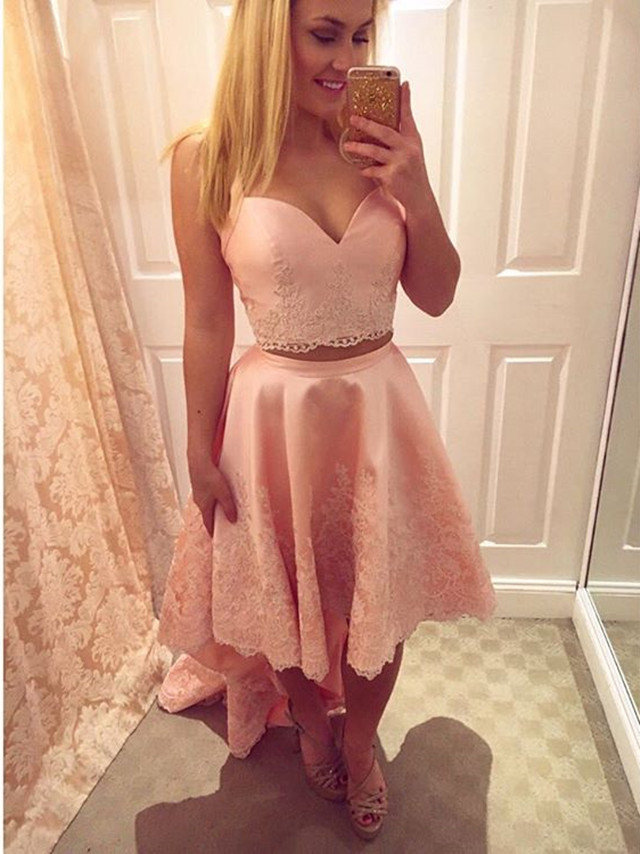 Pink Prom Dress,two Piece Prom Dress,high Low Prom Dresses,elegant Homecoming Dresses 2017