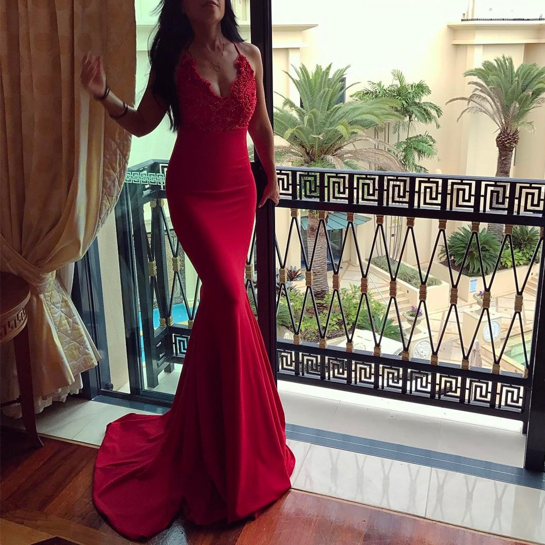 Red Mermaid Dress,V Neck Evening Gowns,Long Prom Dress,Sexy Prom Dress,Elegant Prom Dress Lace Appliques