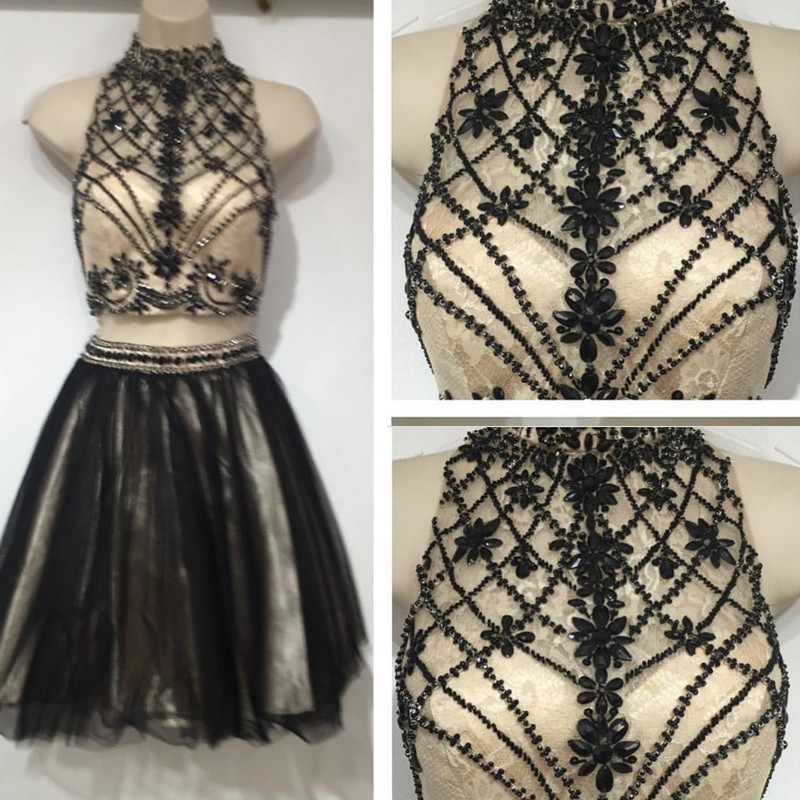 Two Piece Homecoming Dress,beaded Prom Short Dress,black Homecoming Dresses,short Graduation Dress,black Cocktail Dresses