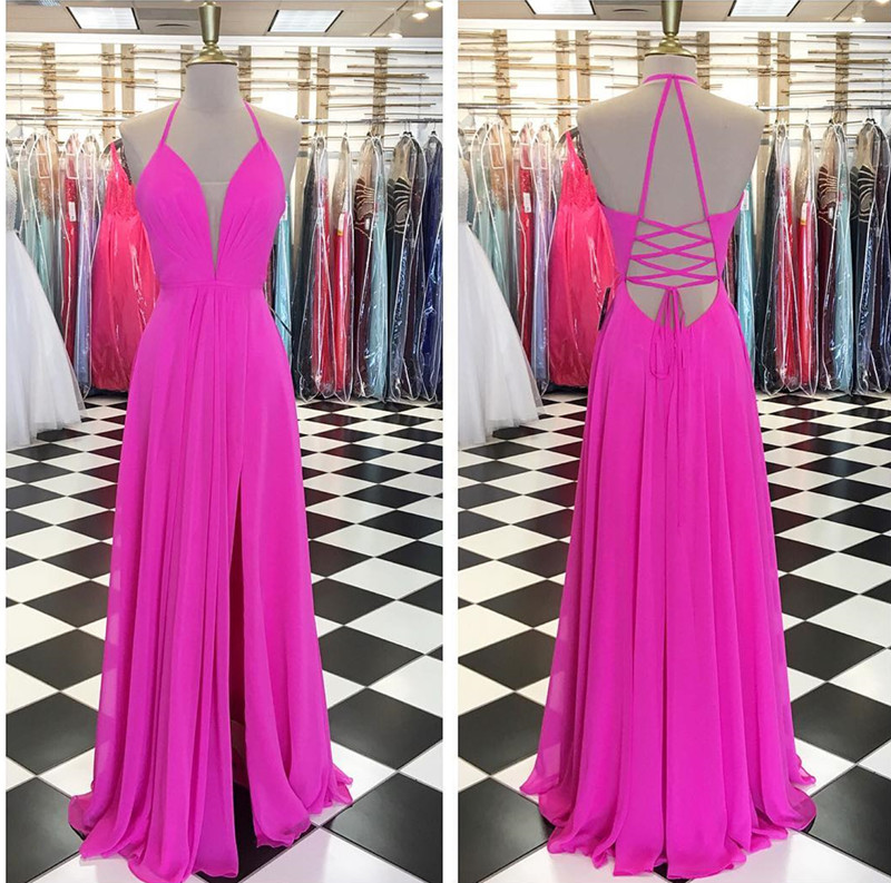 Pink Prom Dress,halter Prom Dress,sexy Prom Dress,long Chiffon Evening Dress,elegant Formal Dress,backless Prom Dress