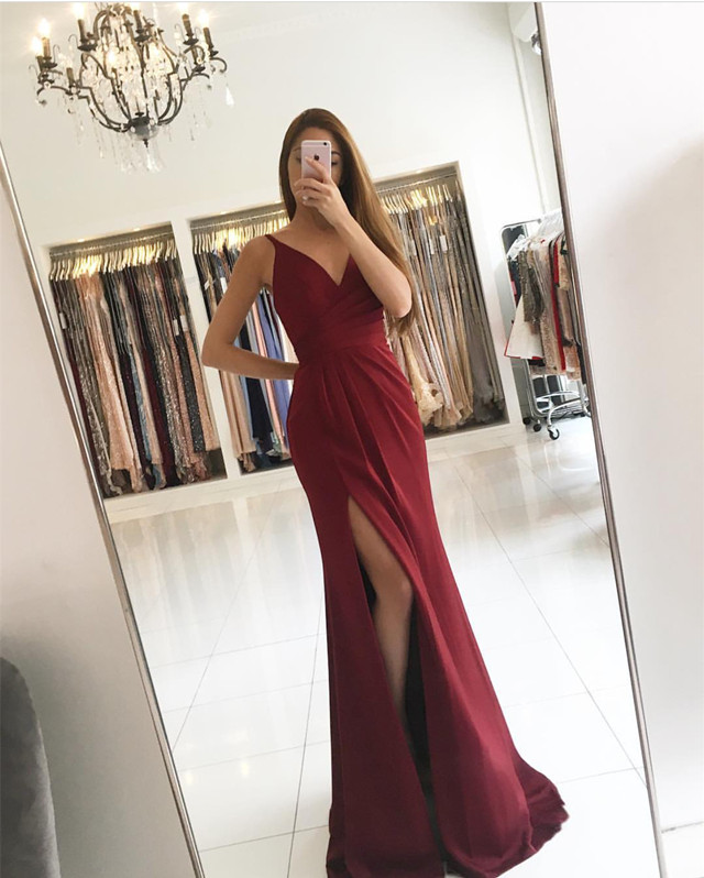 Burgundy Plunge V Shoulder Straps Floor Length Sheath Prom Dress Featuring Slit