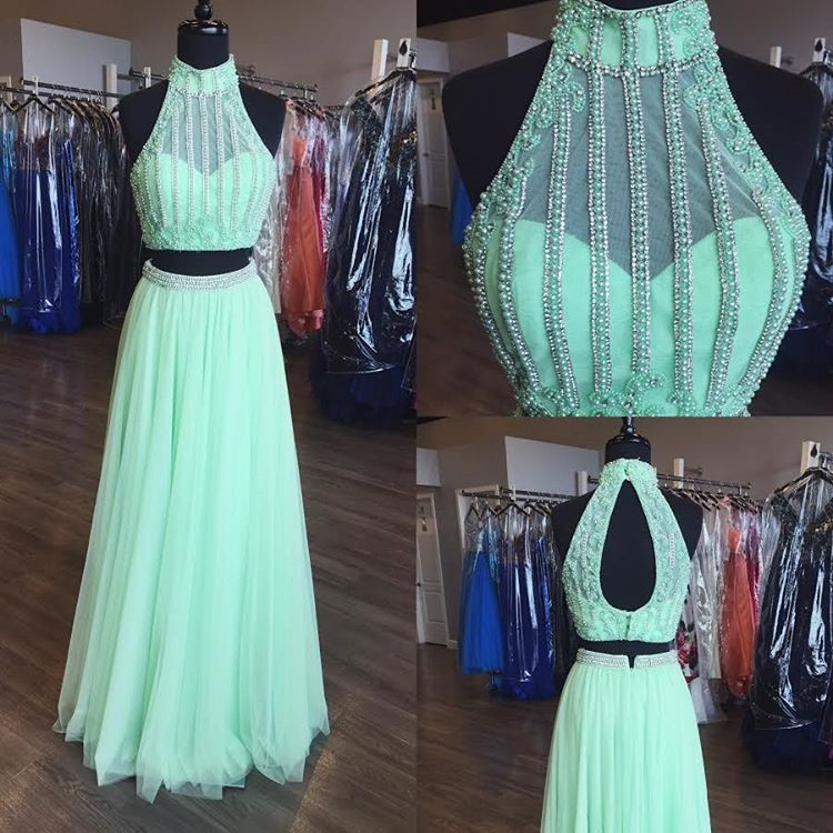 Mint Green Prom Dress,two Piece Prom Dress Tulle Formal Dresses,2 Piece Prom Dress,sexy Prom Dresses 2017