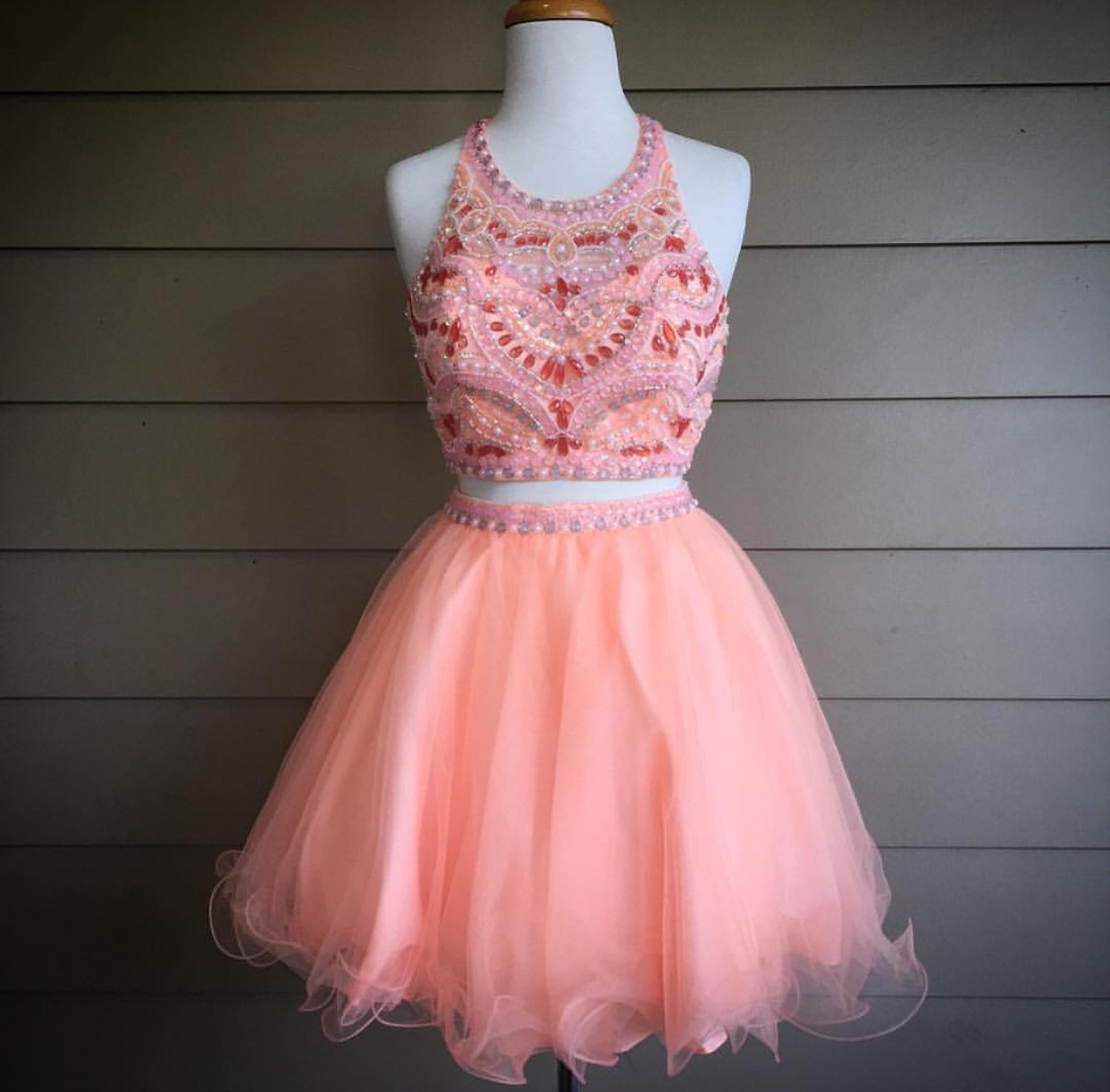Short Prom Dress,homecoming Dresses 2 Piece,coral Prom Dress,beaded Prom Dresses 2017