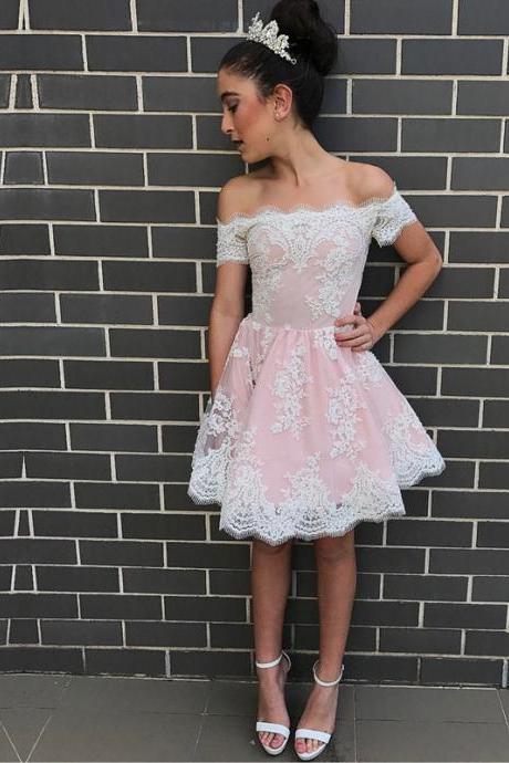 Elegant Homecoming Dress,lace Appliques Prom Dress,short Prom Dresses 2017,off Shoulder Prom Gowns