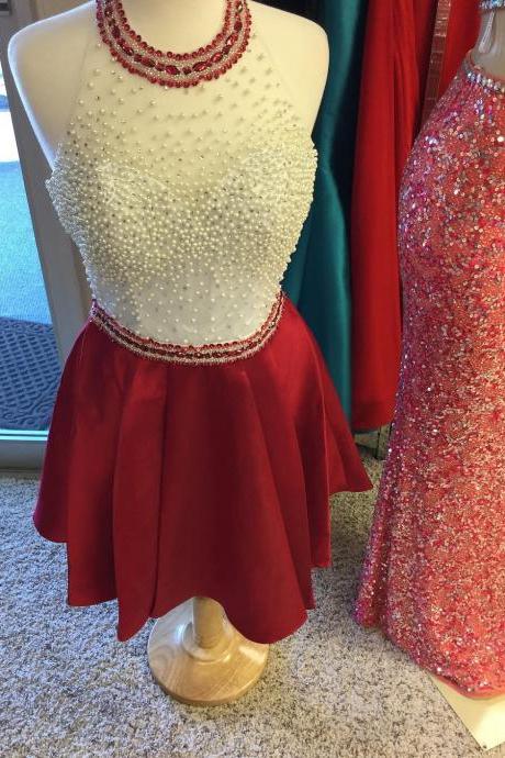 Pearl Beaded Homecoming Dress,satin Dress,short Prom Dresses 2017,burgundy Homecoming Dress