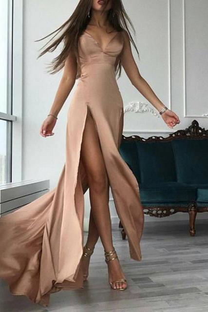 maxi prom dress,slit prom dress,long party dress,champagne prom dress,sexy prom dresses 2017