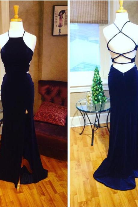 Navy Blue Prom Dress,mermaid Evening Gowns,velvet Prom Dress,cross Back Dress,slit Dress