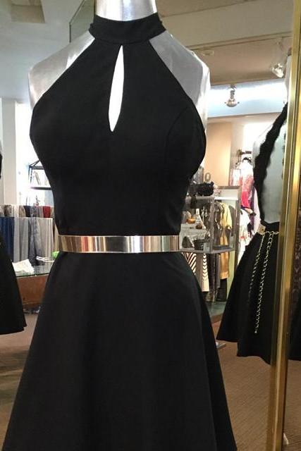 Black High Halter Short A-Line Homecoming Dress Featuring Keyhole Front, Open Back, and Gold Belt 