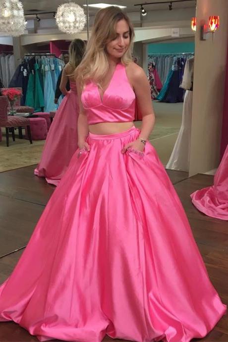 Two Piece Prom Dress,halter Prom Dress,pink Prom Dresses,v Neck Dress,ball Gowns Dress