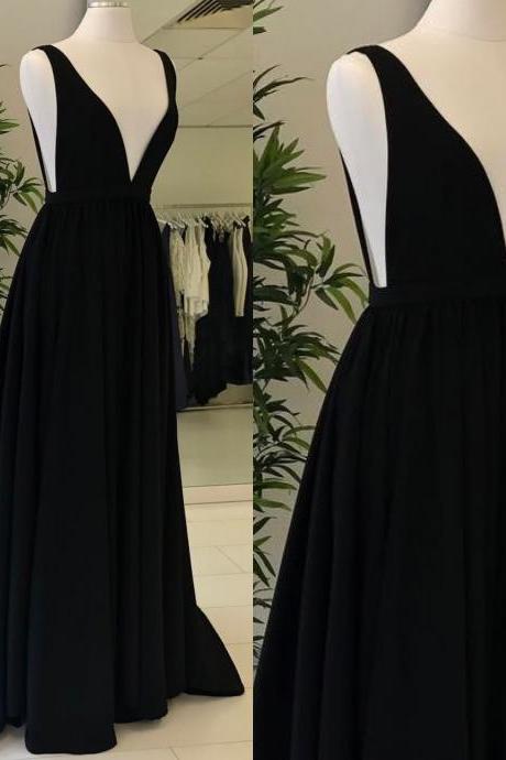 Black Plunging V Sleeveless A-line Long Prom Dress, Evening Dress