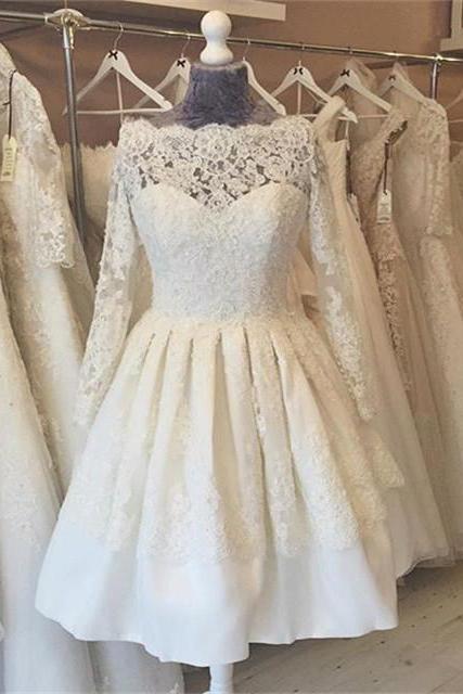 tea length wedding dresses,long sleeves wedding gowns,short bride dress,vintage wedding gowns