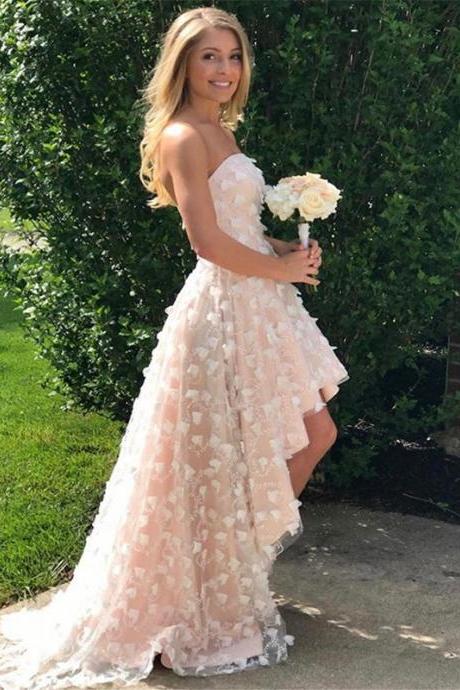 High Low Prom Dresses,champagne Prom Dress,lace Prom Dresses,strapless Prom Gowns