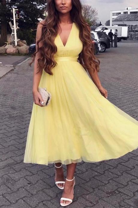 V Neck Homecoming Dress,open Back Prom Dress,yellow Party Dress,tea Length Evening Gowns
