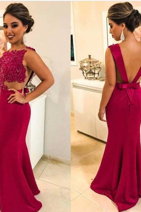 Lace Appliques Evening Gowns,fuchsia Prom Dress,mermaid Evening Dress,bow Back Dress