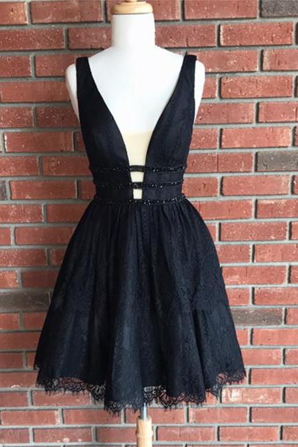 Little Black Dress,black Lace Homecoming Dress, Short V Neck Prom Dress,semi Formal Dress
