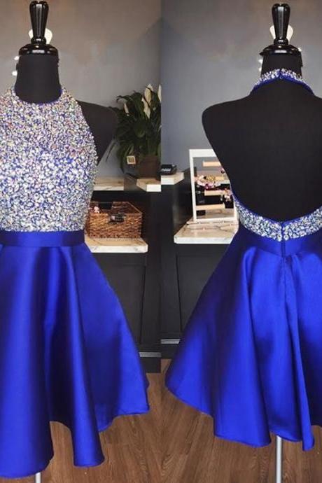 halter homecoming dress,beaded prom gowns,short prom dress 2017,royal blue cocktail dresses
