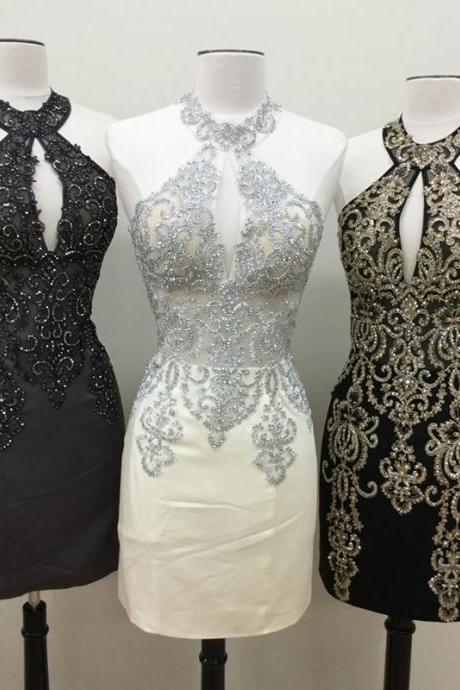 halter prom dress short,embroidery dress,short homecoming dress,elegant cocktail dresses