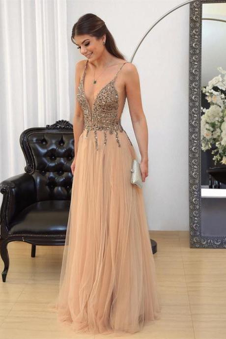 Champagne Prom Dress, V Neck Evening Gowns,tulle Prom Dress,sequins Beaded Prom Gowns