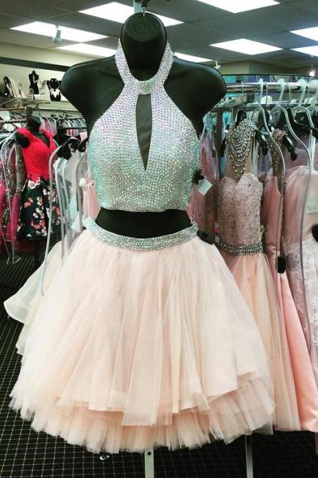 halter prom dress,short prom gowns 2017,two piece prom dress short,two piece homecoming dresses