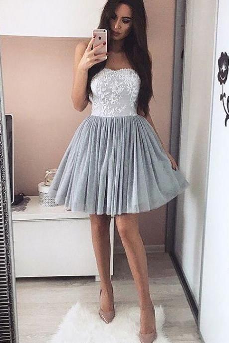 Elegant Homecoming Dress,tulle Prom Short Dresses,prom Dresses Lace Appliques,strapless Cocktail Dresses