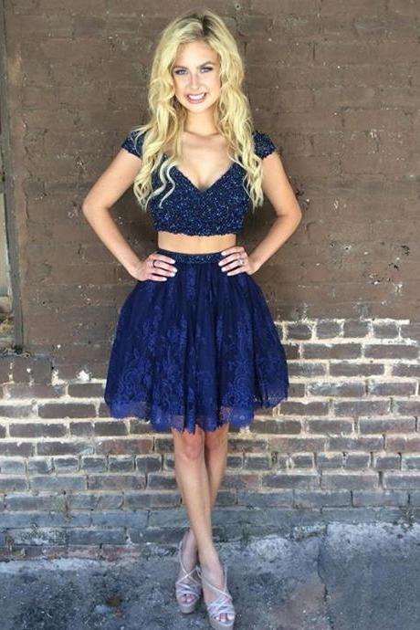 Navy Blue Homecoming Dresses,Two Piece Homecoming Dresses,Short Prom Lace Dresses,V Neck Cocktail Dresses