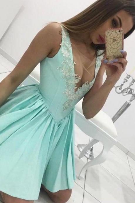 Mint Green Homecoming Dress, Lace Appliques Prom Short Dress,elegant Party Dress,semi Formal Dresses