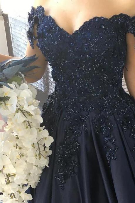 Elegant Evening Gowns Lace Appliques,Off Shoulder Prom Dress,Navy Blue Ball Gowns