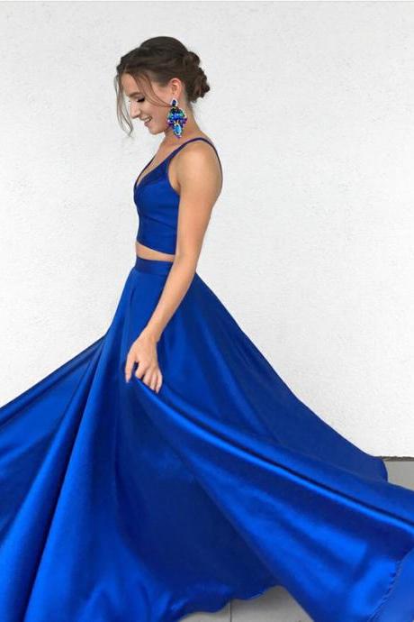 two piece prom dresses,royal blue prom dresses,2 piece prom gowns,satin evening dresses