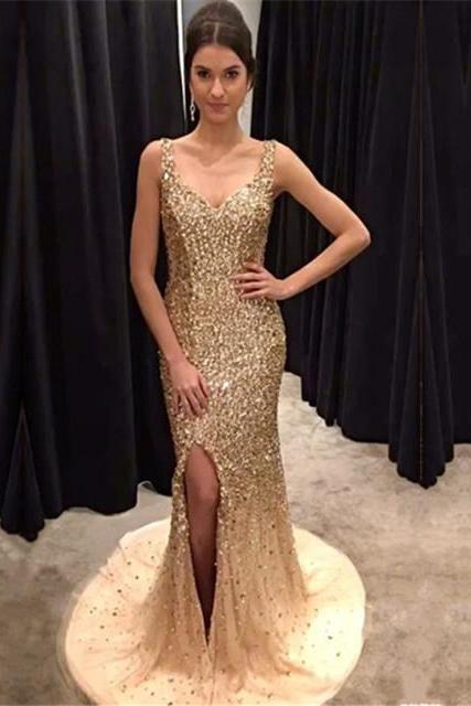 v neck mermaid prom dress,champagne evening gowns,crystal beaded prom dresses,long formal dresses