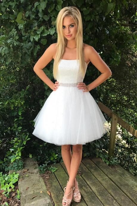 Beaded Homecoming Dresses 2017 ,white Homecoming Dress,sleeveless Prom Dress Short