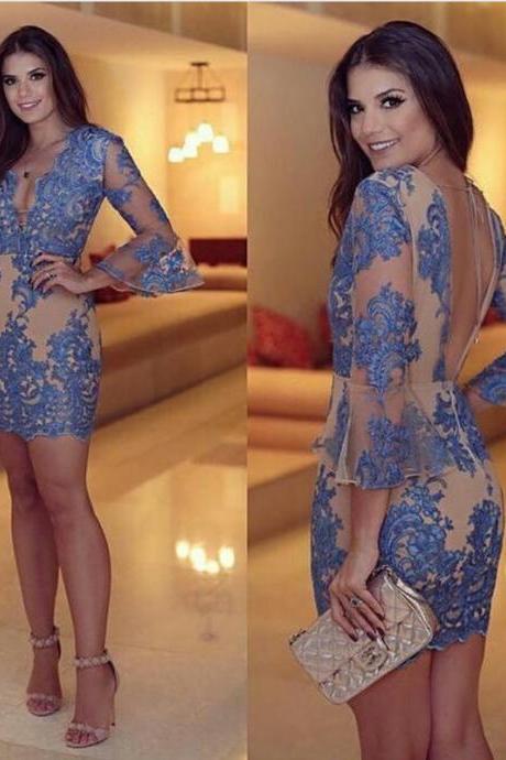 Elegant Cocktail Dress,puffy Sleeves Homecoming Dress,lace Appliques Prom Short Dresses