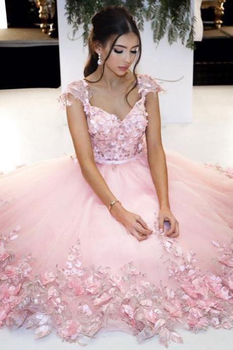 Pink Ball Gowns,flower Dress,cap Sleeves Homecoming Dress,short Prom Dresses