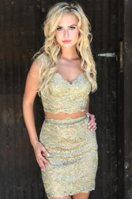 Two Piece Homecoming Dress,lace Homecoming Dress,gold Prom Short Dress,elegant Cocktail Dress