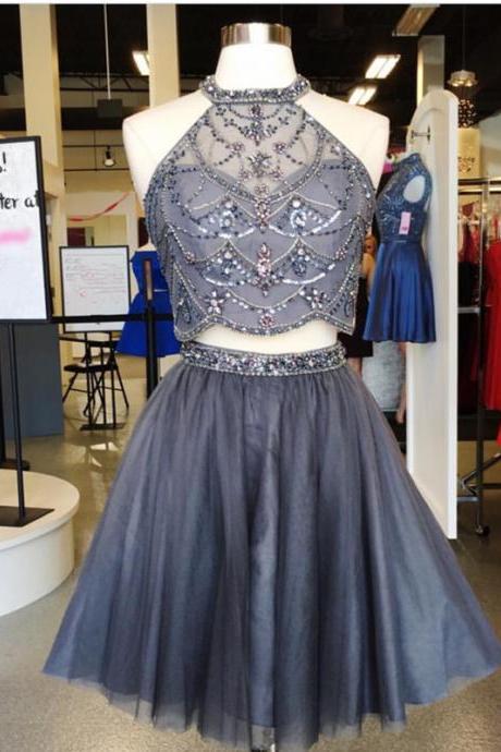 Two-piece Homecoming Dress Featuring Beaded Embellished High Halter Neck Crop Top And Short Tulle Skirt