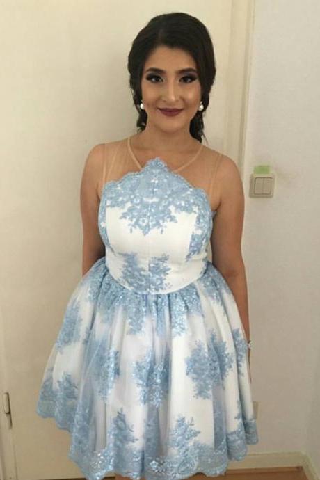 Light Blue Lace Embroidery Tulle Prom Short Dress 2018 Elegant Homecoming Dress